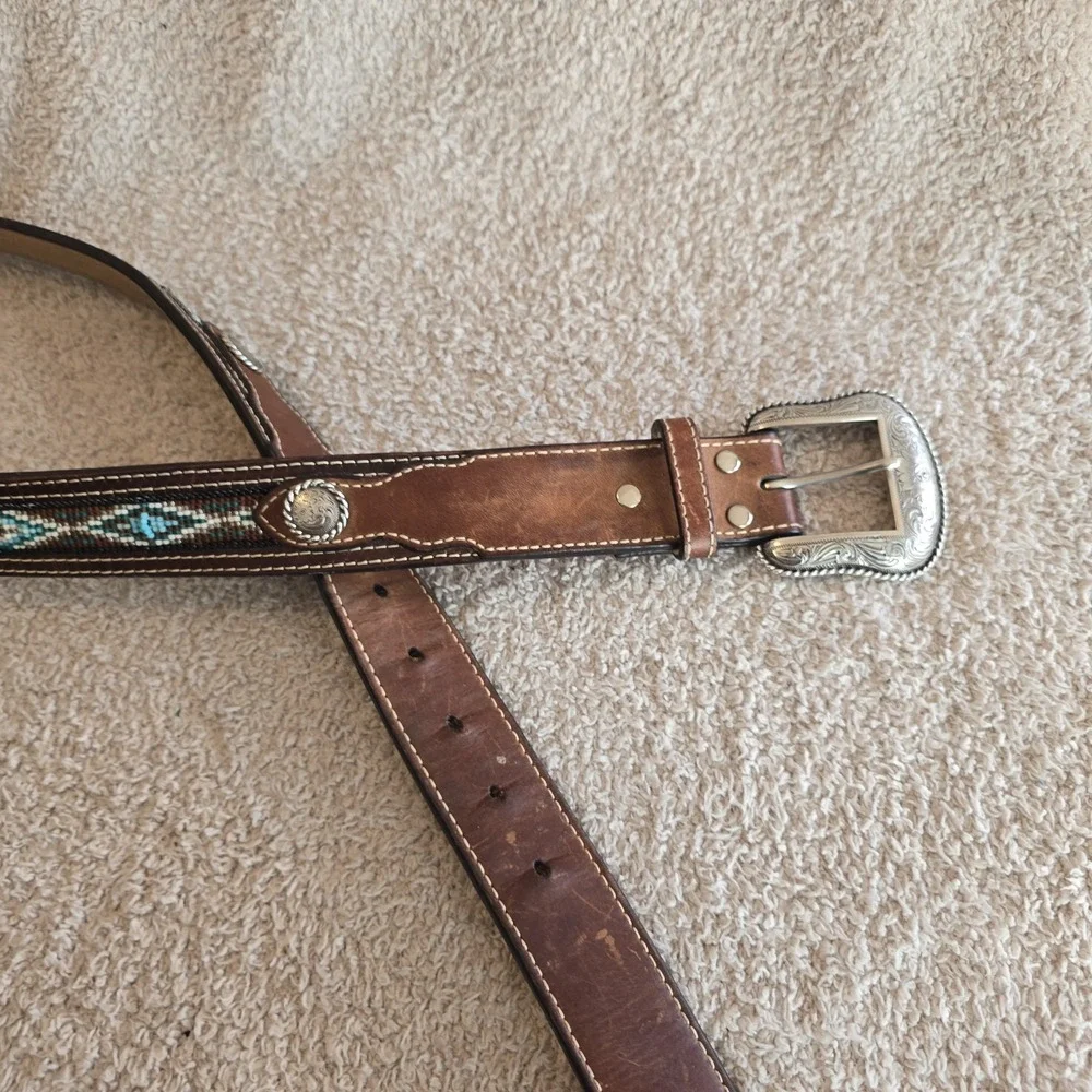 NOCONA Belt Co Unisex Sz 40 Western Beaded Leather Silver Buckle Belt Rodeo